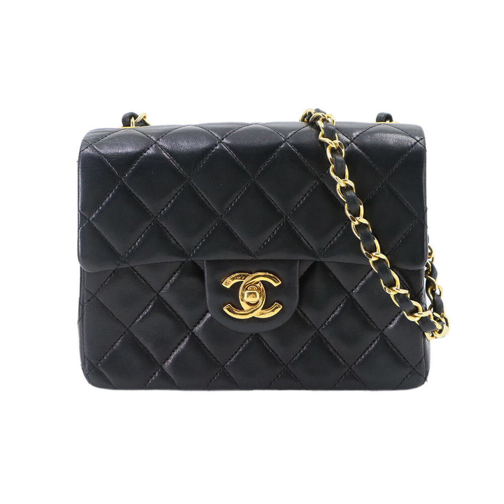 Chanel Mini Matelasse Chain Shoulder Handbag, Lambskin, Black, A01115, Gold H...